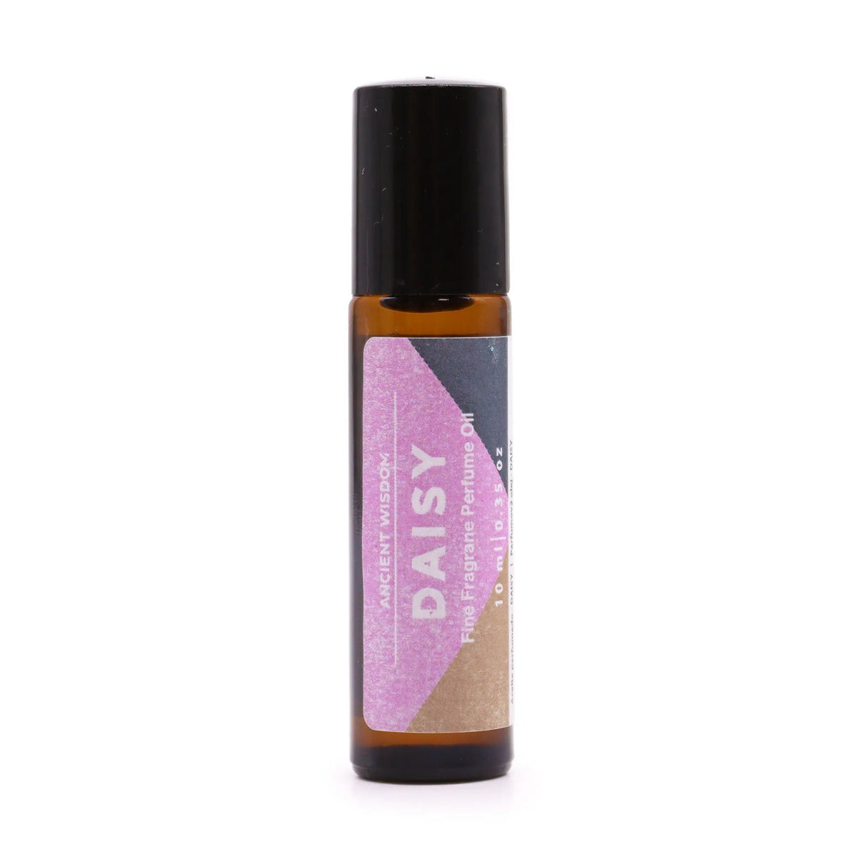 Frasco roll-on de 10ml en vidrio ámbar con etiqueta de tonos lila y beige, tapa negra, sobre fondo blanco.