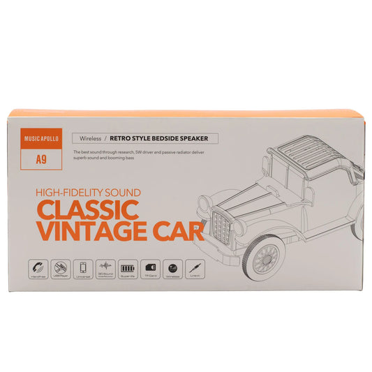 Caja blanca y naranja de altavoz Bluetooth vintage forma de coche clásico. Muestra funciones y marca Music Apollo.