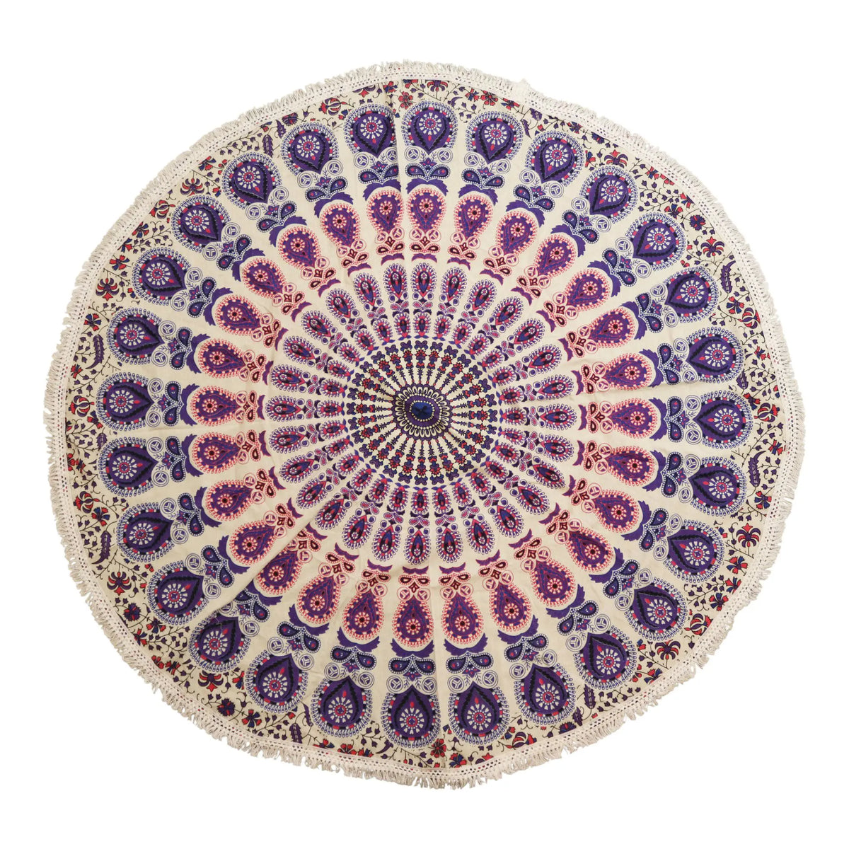 Tapiz redondo de algodón con diseño de mandala en tonos púrpura y crema, estilo étnico con bordes de flecos decorativos