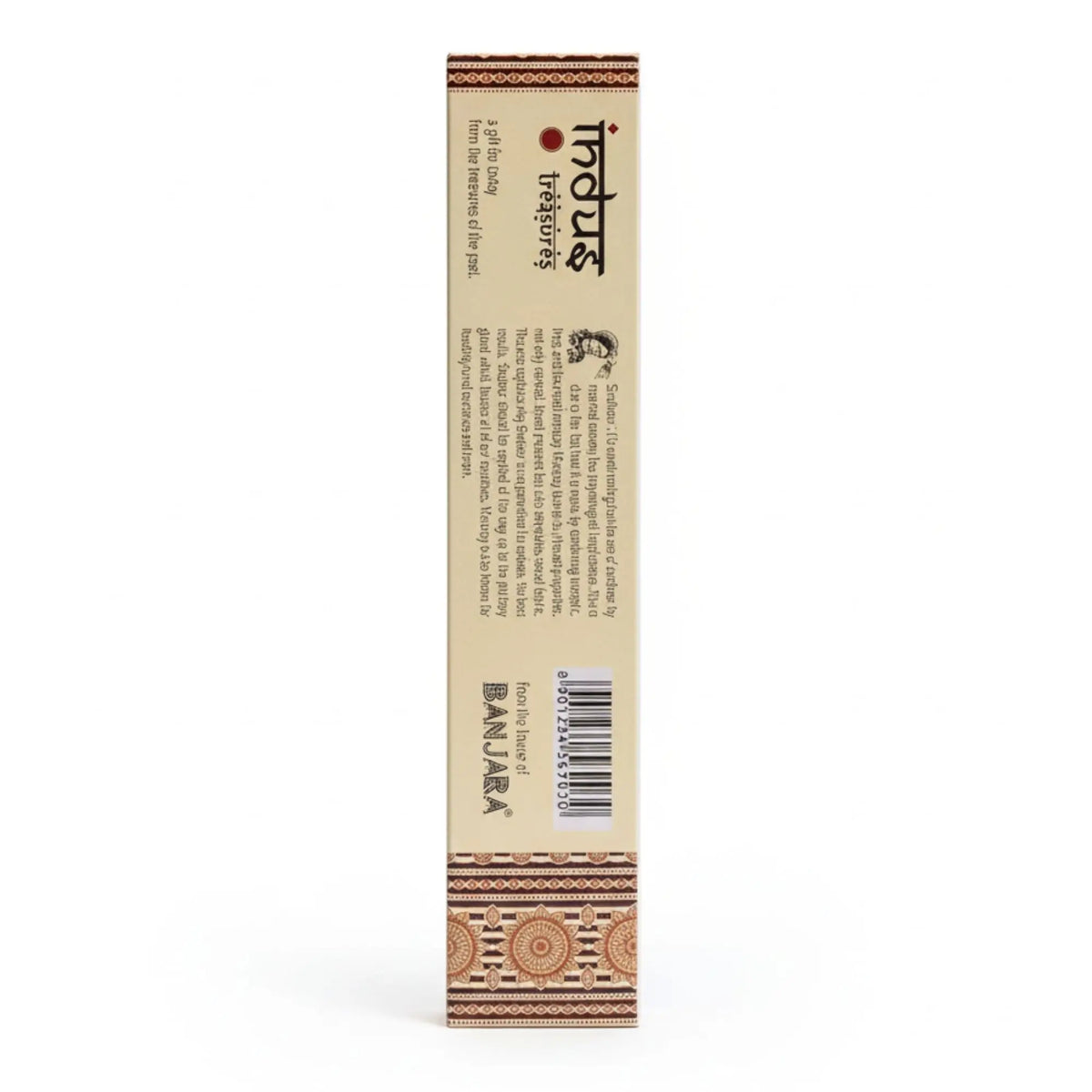 Caja rectangular de incienso de sándalo en color crema, con texto informativo, código de barras y diseño decorativo.