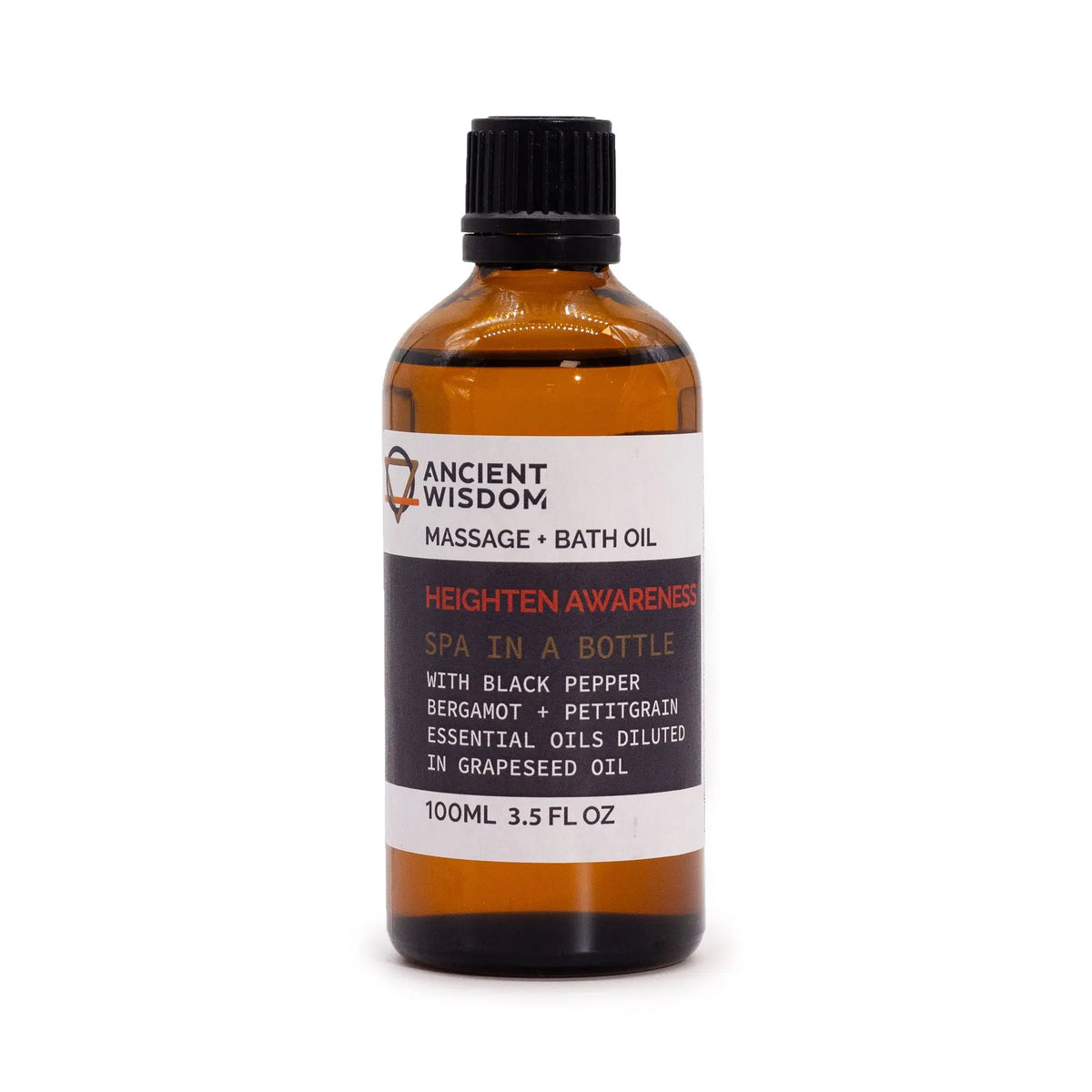 Frasco de vidrio ámbar de 100 ml con tapa negra y etiqueta blanca de aceite para masaje y baño sobre fondo blanco.