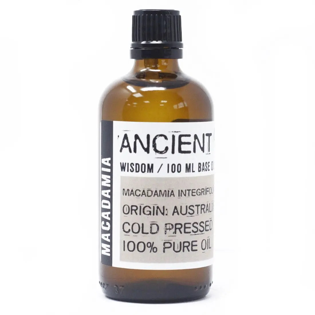 Aceite de macadamia 100% puro, 100 ml, botella ámbar, estilo vintage, origen Australia.