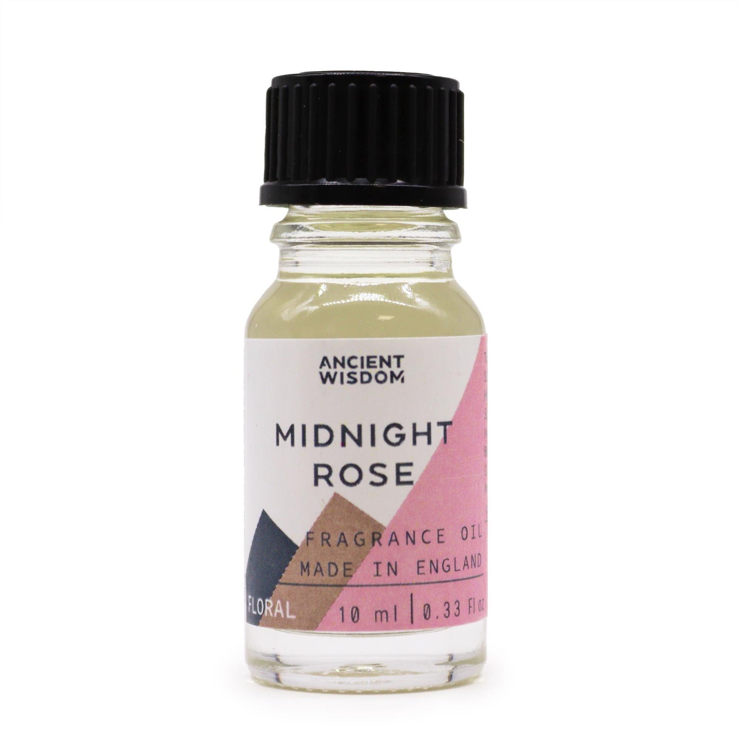 Frasco de vidrio transparente de 10ml con tapa negra y etiqueta blanca con diseño geométrico y texto "Midnight Rose".