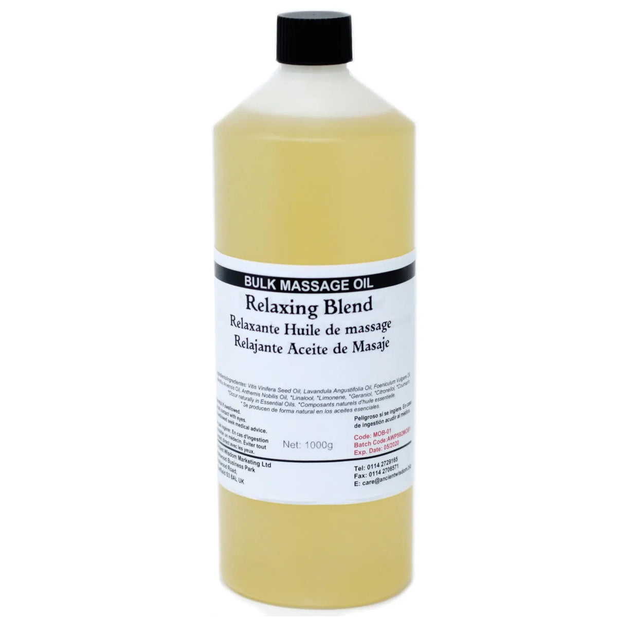 Botella de plástico de 1kg con aceite de masaje relajante de color amarillo y tapa negra sobre fondo blanco.