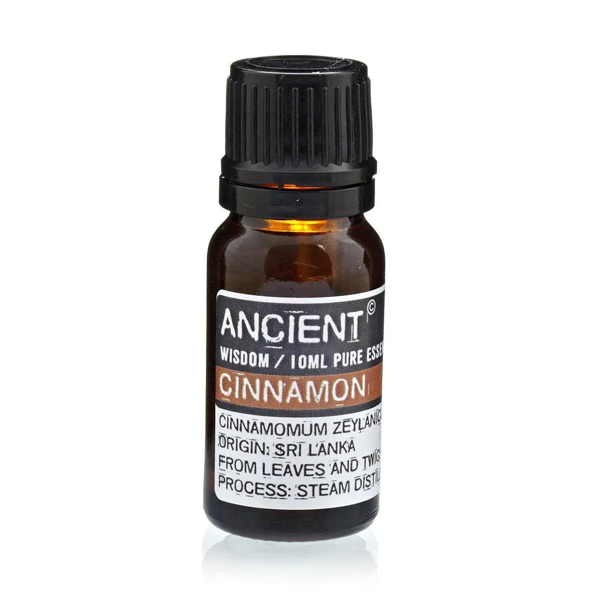 Aceite esencial de canela, 10 ml, de Sri Lanka, en frasco ámbar con tapa negra, estilo moderno y minimalista.