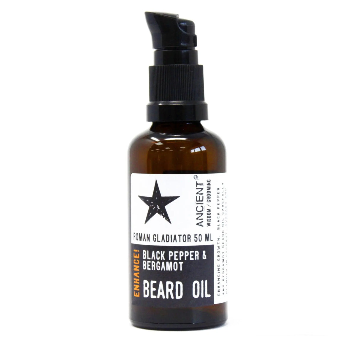 Frasco de vidrio ámbar de 50ml con dosificador negro y etiqueta de Ancient Wisdom para aceite de barba con bergamota.