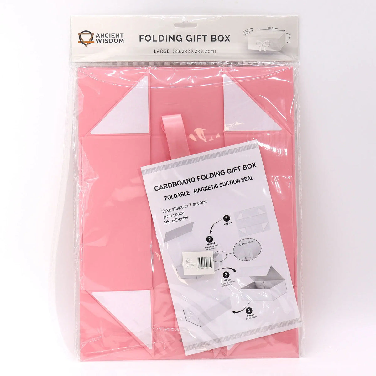 Caja de regalo plegable rosa Ancient Wisdom, cartón plano, cierre magnético, incluye lazo y manual de instrucciones.