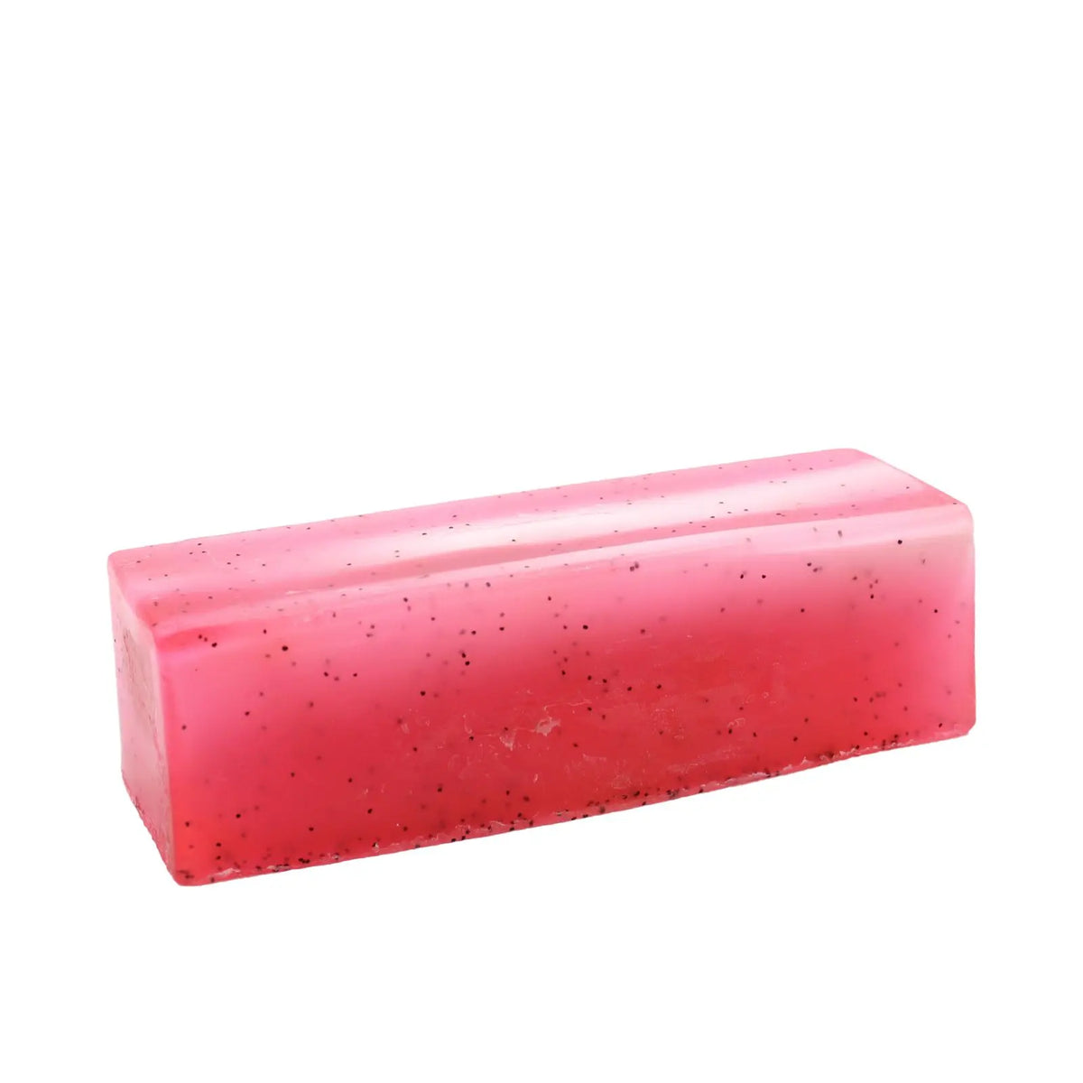 Jabón artesanal rectangular de color rosa degradado con textura translúcida y puntos negros de pimienta incrustados