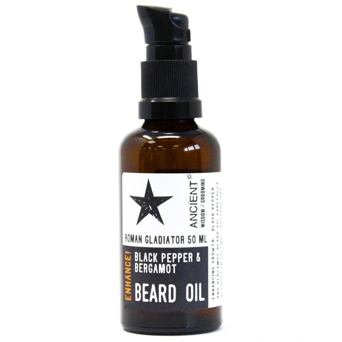 Frasco de vidrio ámbar de 50ml con dosificador negro y etiqueta blanca de aceite para barba Ancient Wisdom.