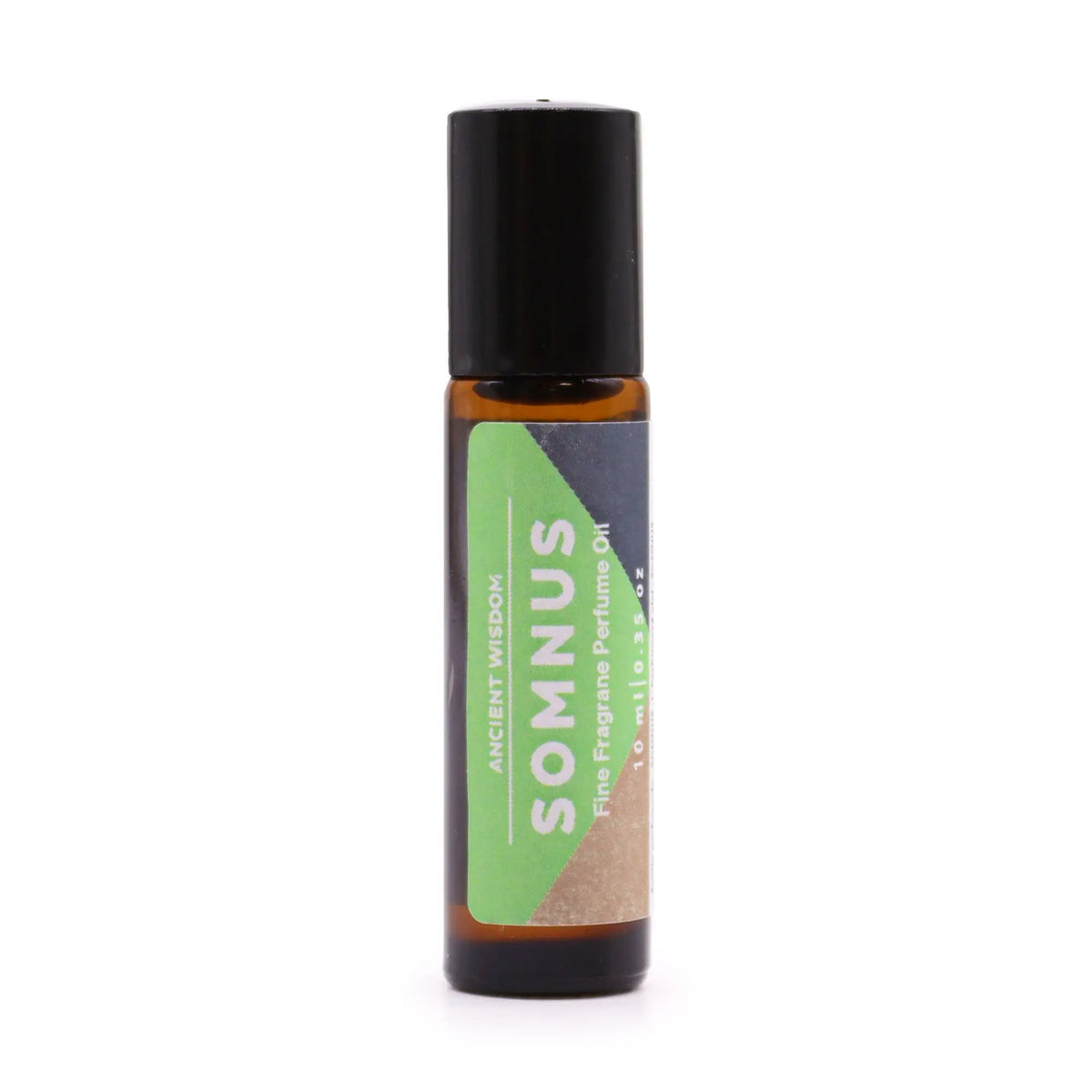 Frasco de vidrio ámbar con aplicador roll-on, tapa negra y etiqueta verde con texto blanco sobre fondo blanco.