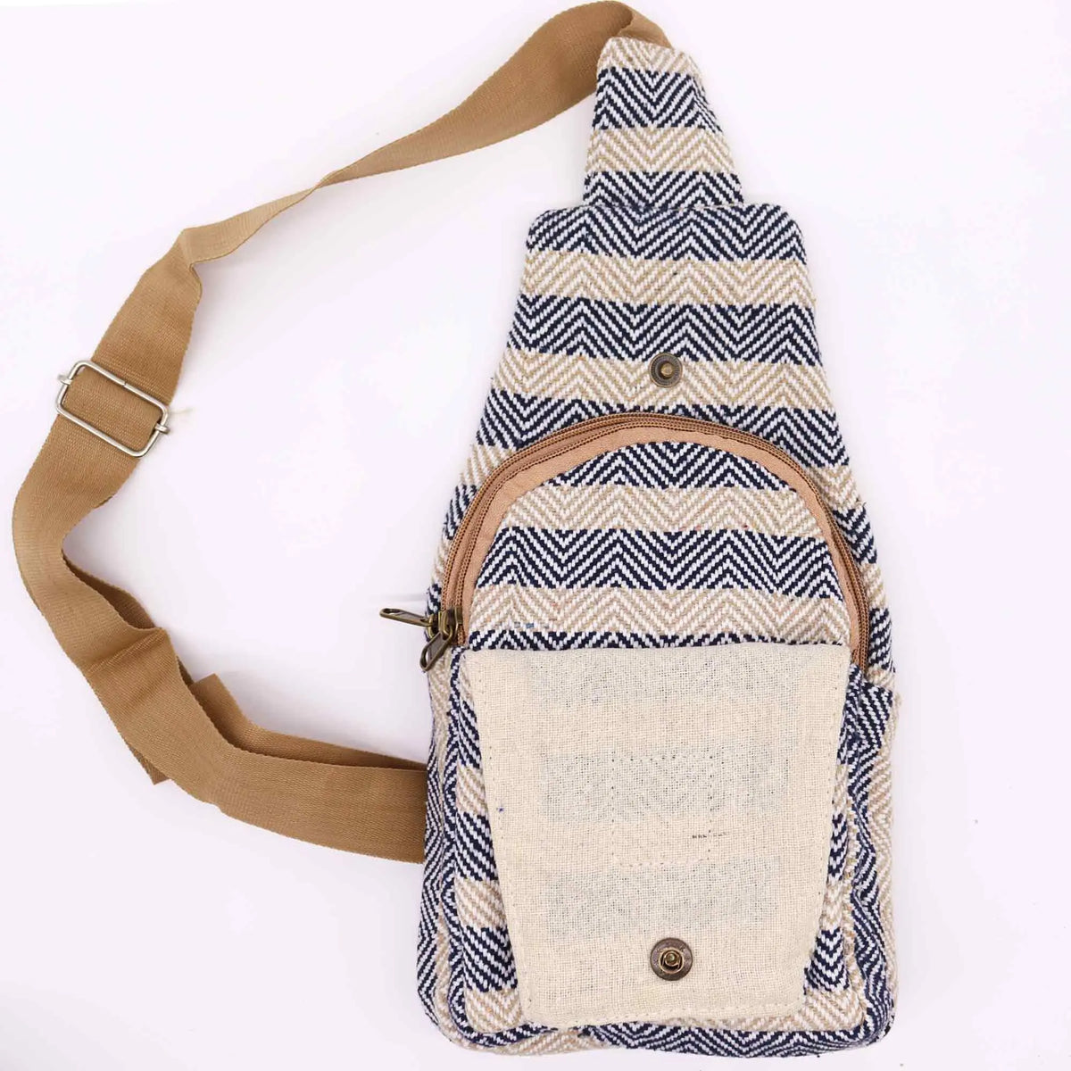 Bolso bandolera de algodón con patrón de espiga azul y beige, correa ajustable color arena y bolsillo frontal liso.