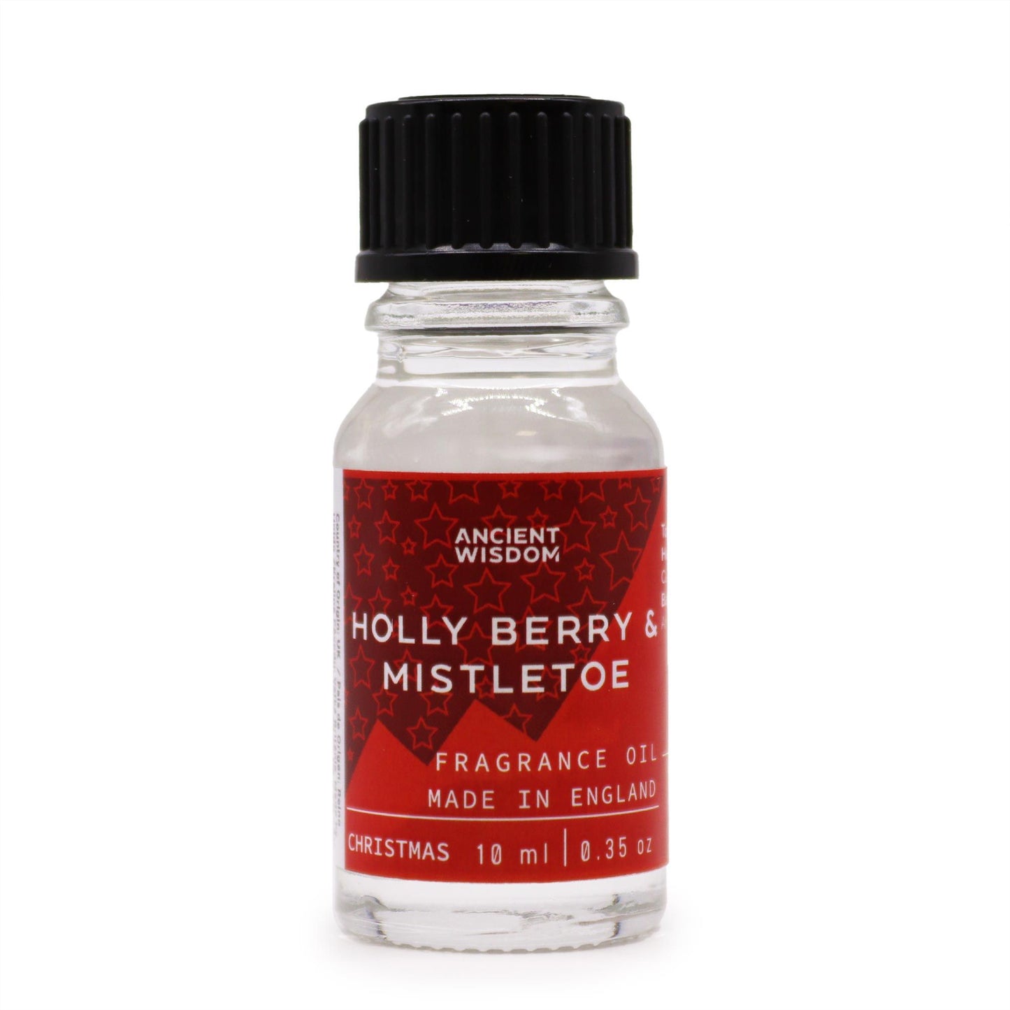 Frasco pequeño de vidrio transparente con aceite aromático de 10ml, tapa negra y etiqueta roja con estrellas.