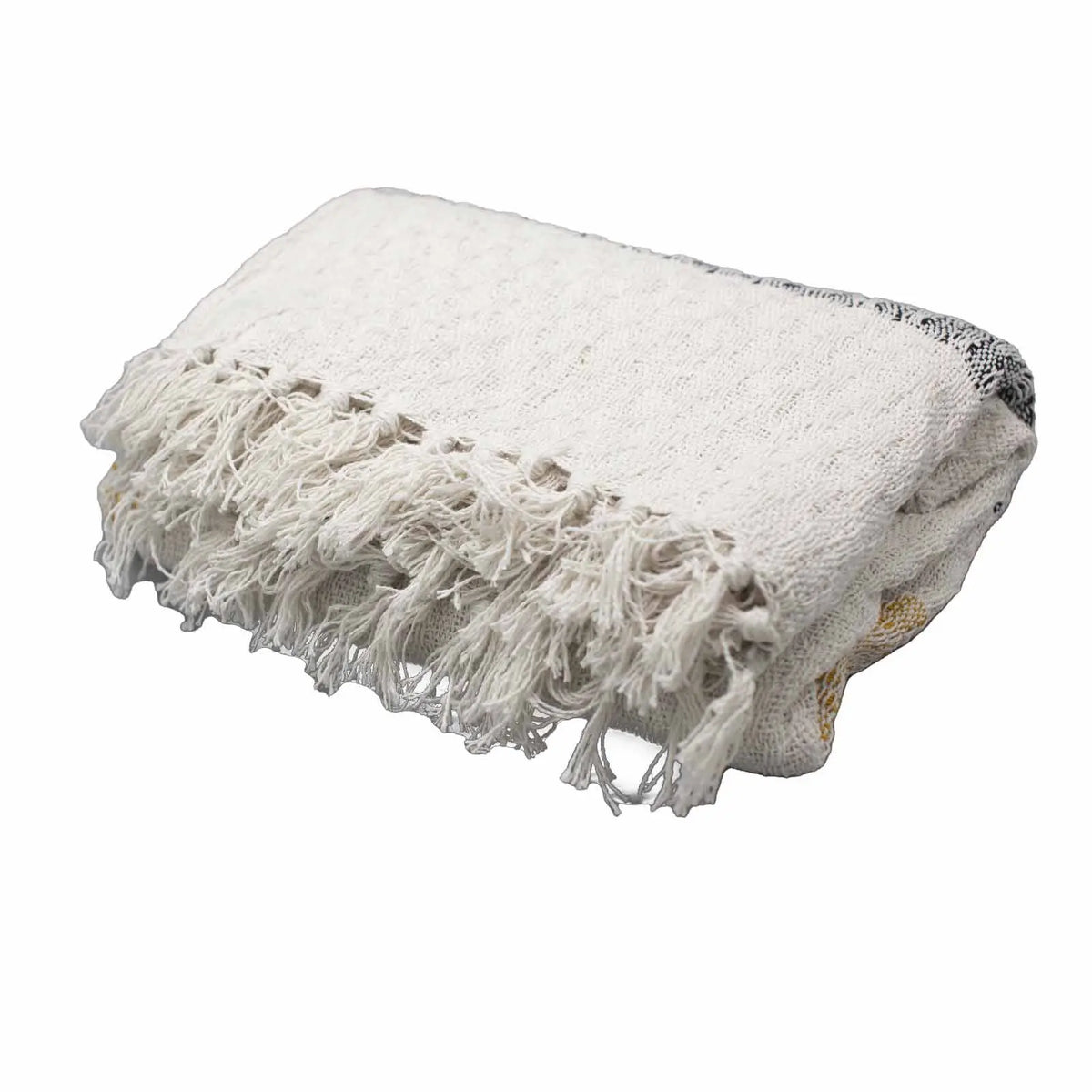 Manta blanca de algodón con flecos, estilo bohemio, ideal para decoración y uso diario.