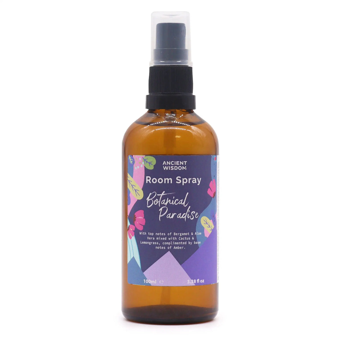 Spray de ambiente de 100ml en botella de vidrio ámbar con atomizador negro y etiqueta ilustrada con motivos florales.