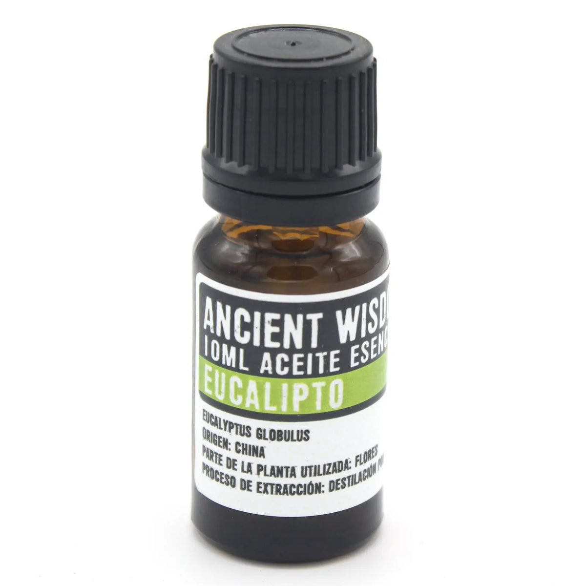 Frasco de vidrio ámbar de 10ml con tapa negra y etiqueta blanca y verde de aceite esencial de eucalipto sobre fondo blanco