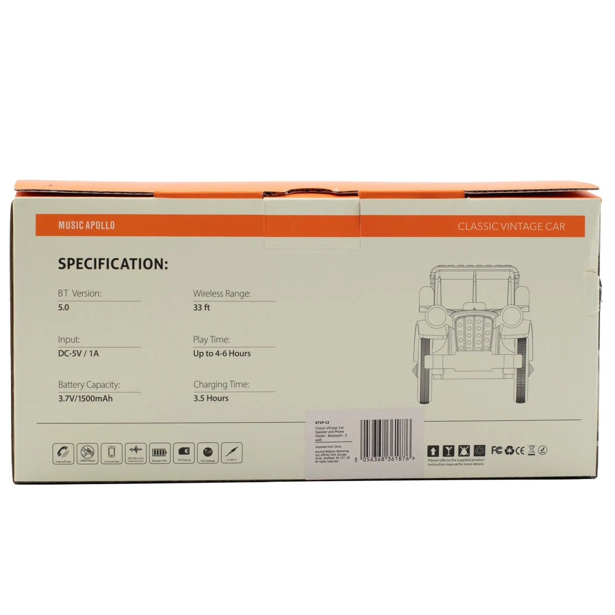 Caja de cartón naranja y crema con dibujo de altavoz Bluetooth estilo coche clásico y especificaciones técnicas.