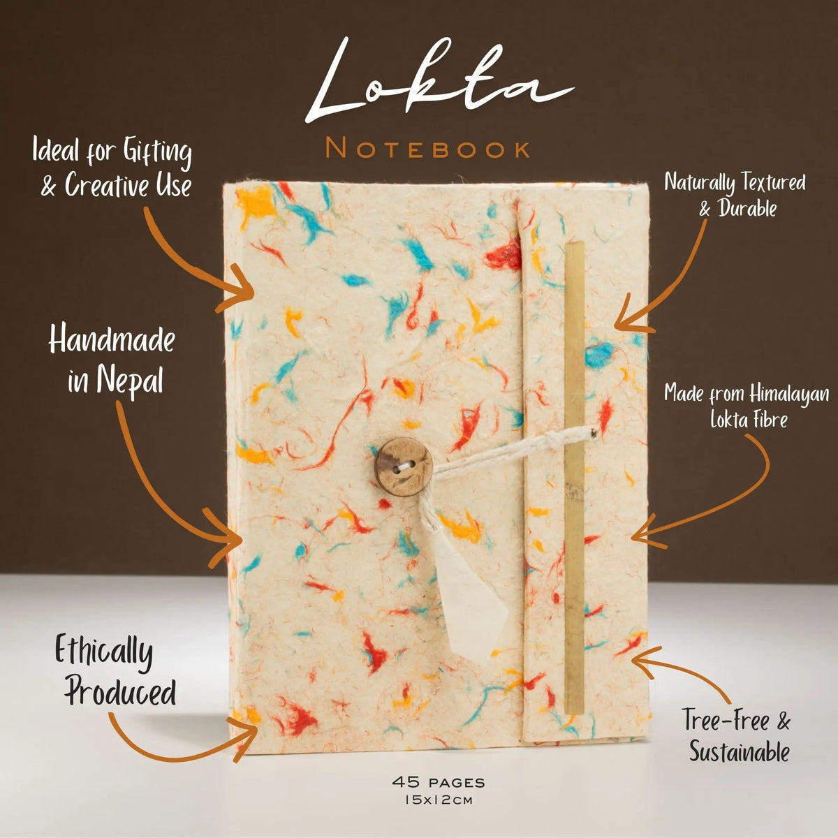 Cuaderno artesanal en fibra Lokta, color crema con toques de azul y naranja, 45 páginas, sostenible y libre de ácido.