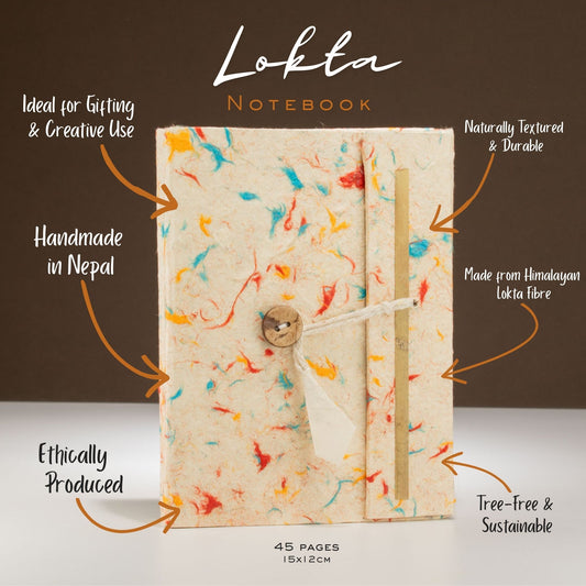 Cuaderno artesanal en fibra Lokta, color crema con toques de azul y naranja, 45 páginas, sostenible y libre de ácido.