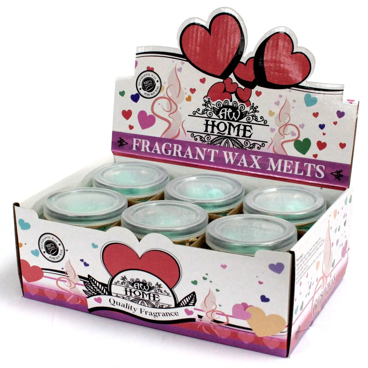 Caja expositora con seis frascos de cera de soja verde, decorada con motivos de corazones rojos y blancos.