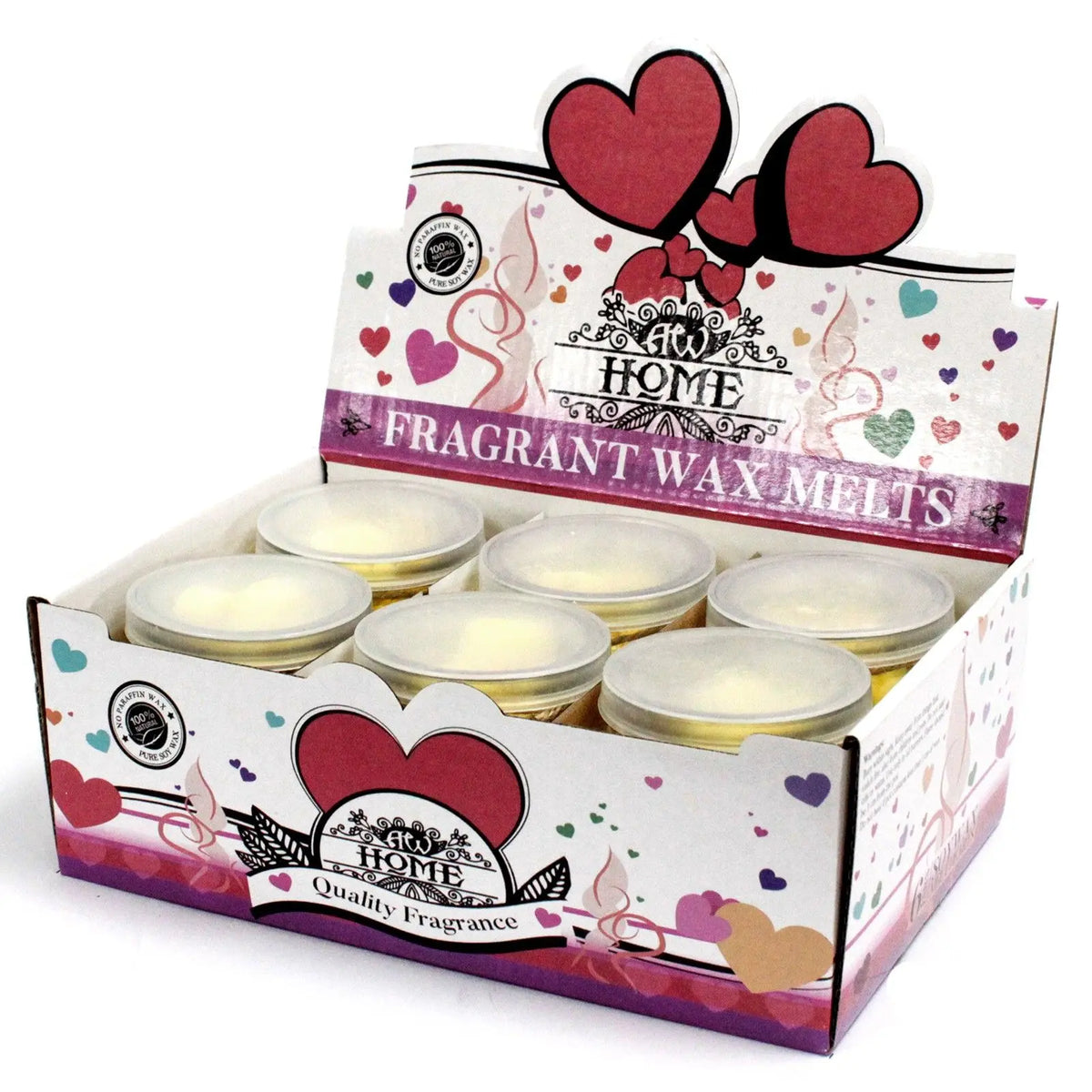 Caja expositora blanca con corazones que contiene seis frascos pequeños de cera de soja amarillenta con tapa.
