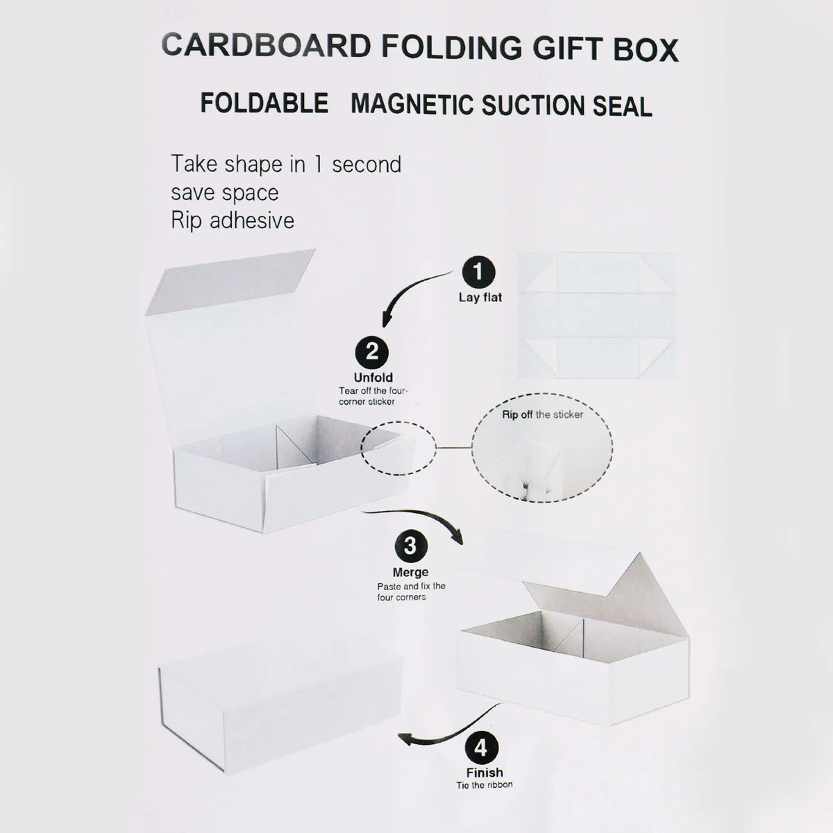 Infografía de pasos para armar una caja de regalo roja, plegable, rectangular y con cierre magnético y cinta.