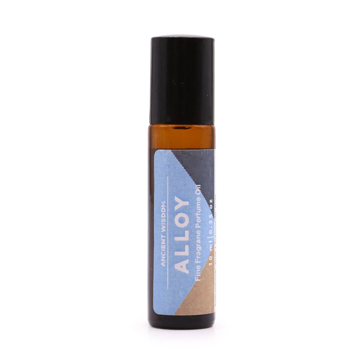 Frasco de vidrio ámbar de 10 ml con aplicador roll-on y etiqueta azul con texto, sobre fondo blanco.