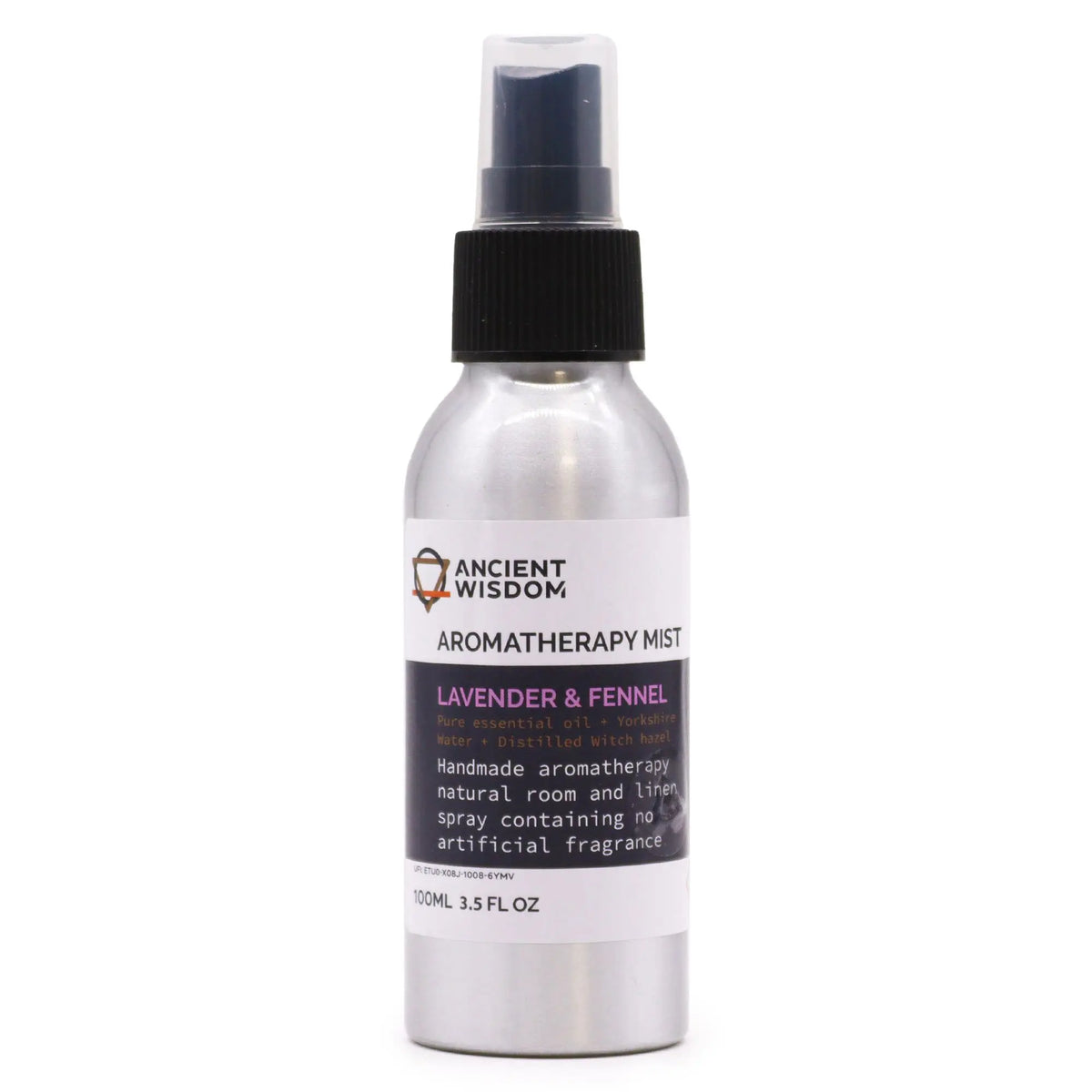 Botella de aluminio de 100ml con atomizador negro y etiqueta blanca de niebla de aromaterapia de lavanda e hinojo.