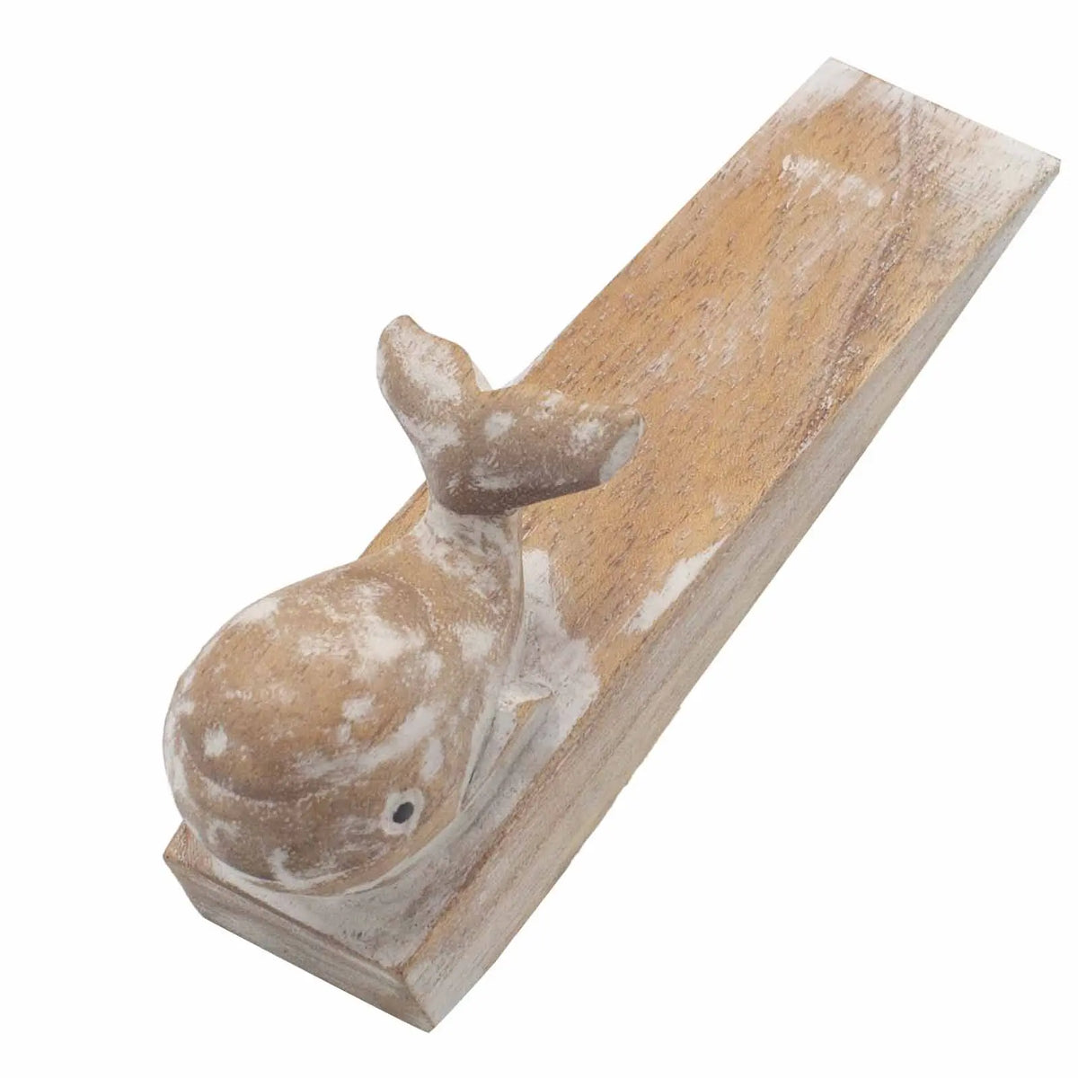Tope de puerta de madera en forma de ballena con acabado rústico tallado a mano en tonos madera natural y blanco decapado