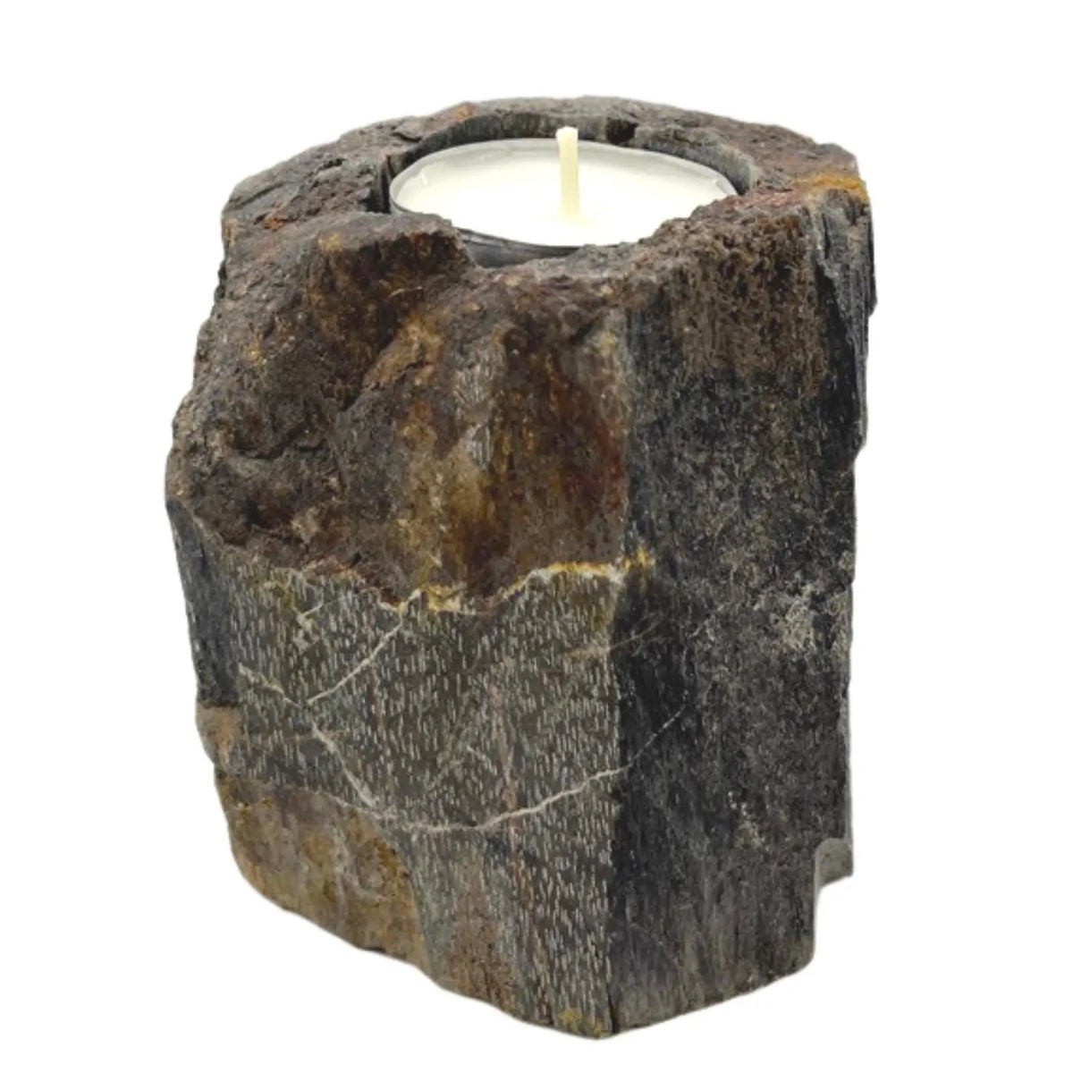 Portavelas de madera petrificada con textura rugosa, tonos marrones y grises, con una vela tipo té en el centro.