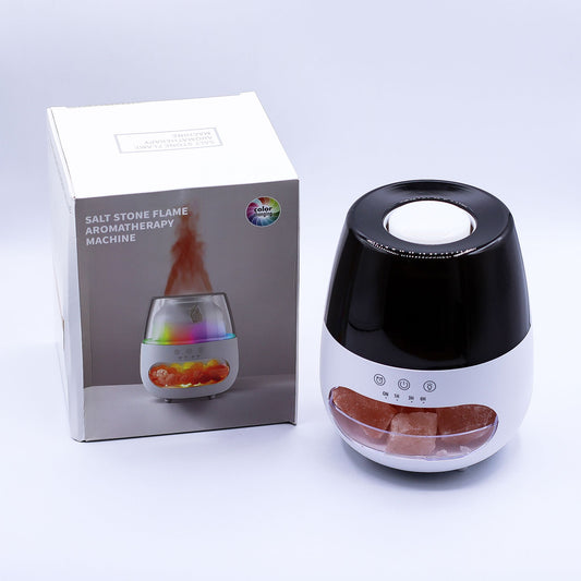 Difusor USB blanco y negro con piedras de sal, temporizador y luz. A su lado, su caja con imagen de efecto de llama.