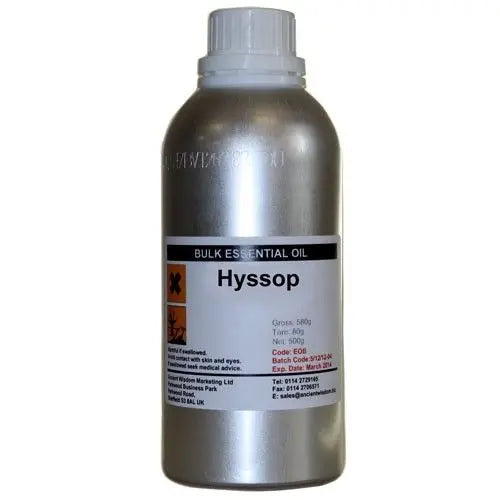 Aceite esencial de hisopo en frasco de aluminio plateado de 1000 ml, ideal para aromaterapia y productos naturales.