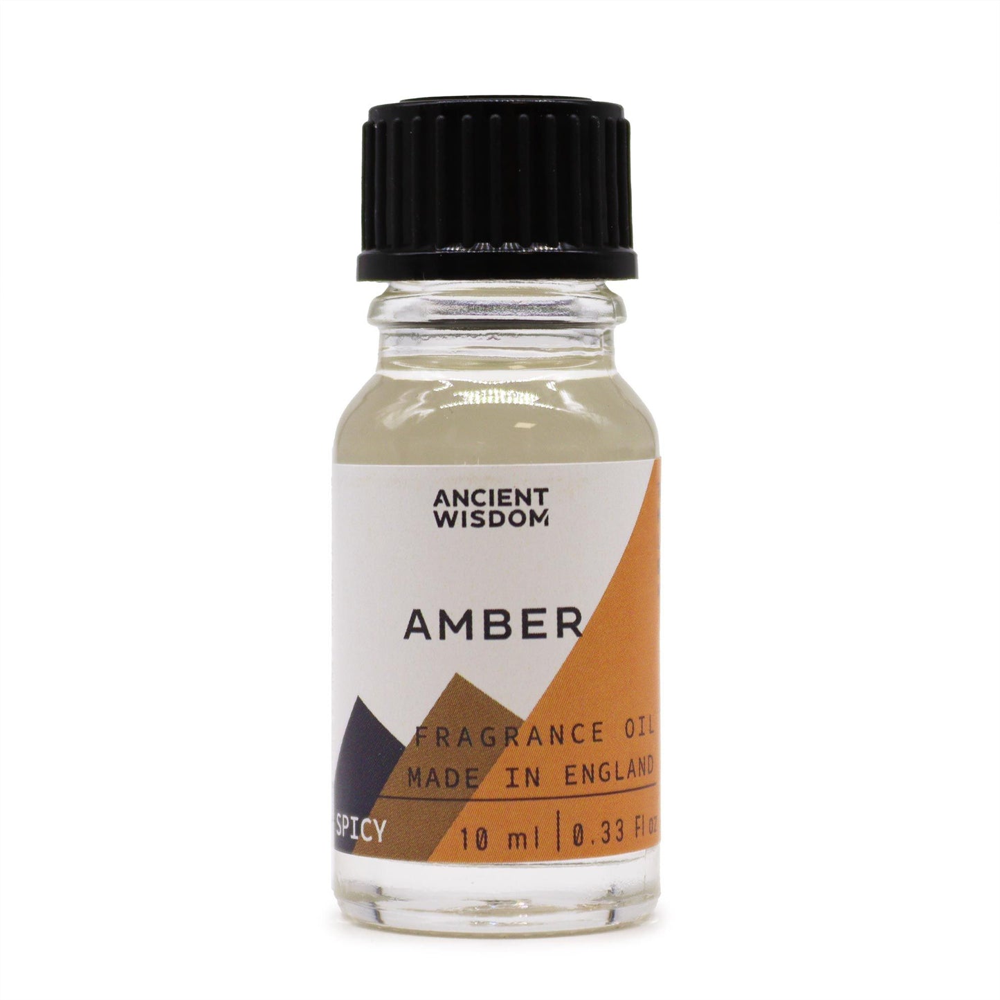 Frasco de vidrio de 10ml con aceite de fragancia ámbar, tapón negro y etiqueta minimalista con detalles en tonos tierra.