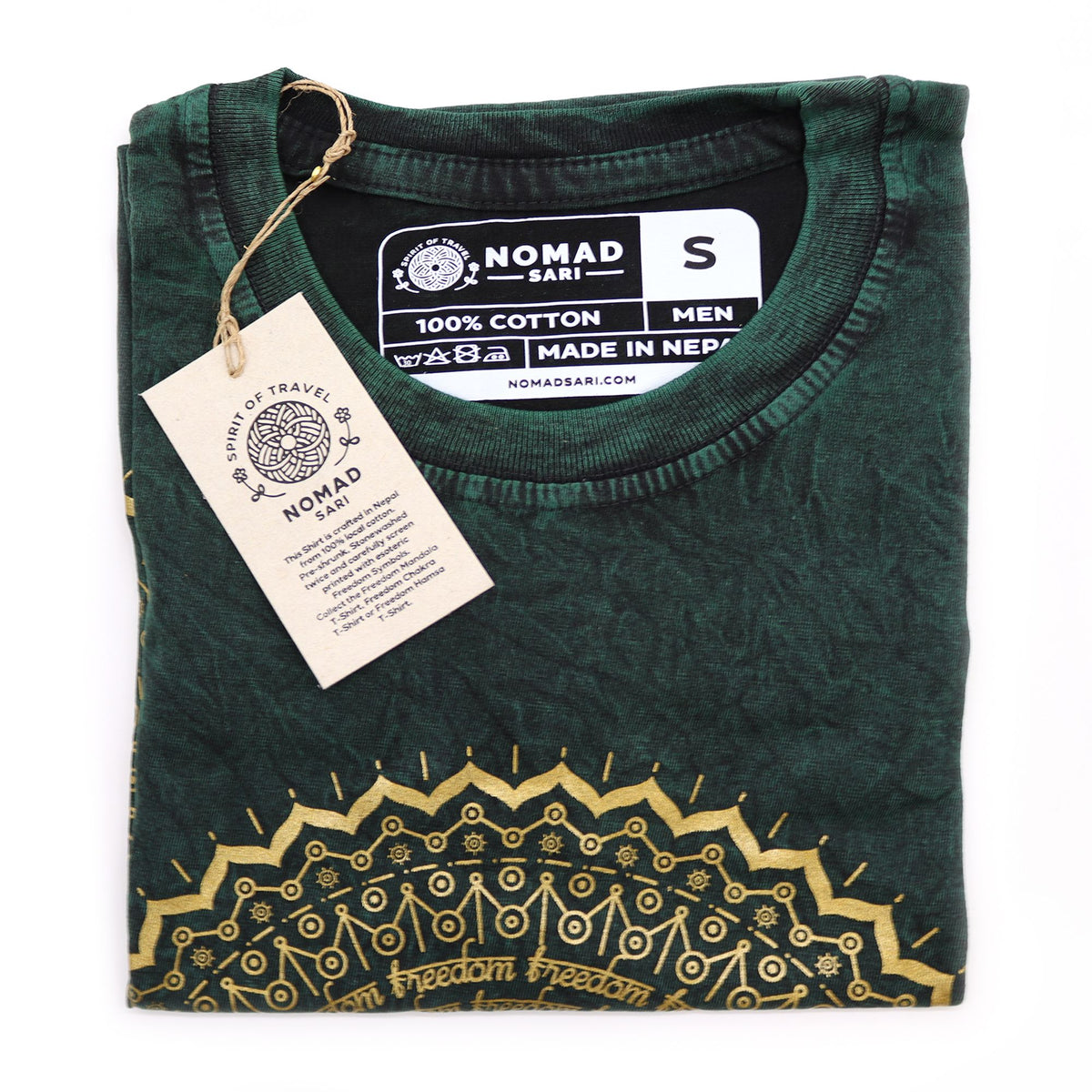 Camiseta verde de algodón 100% para hombre con estampado dorado, estilo bohemio, tamaño S, hecha en Nepal.