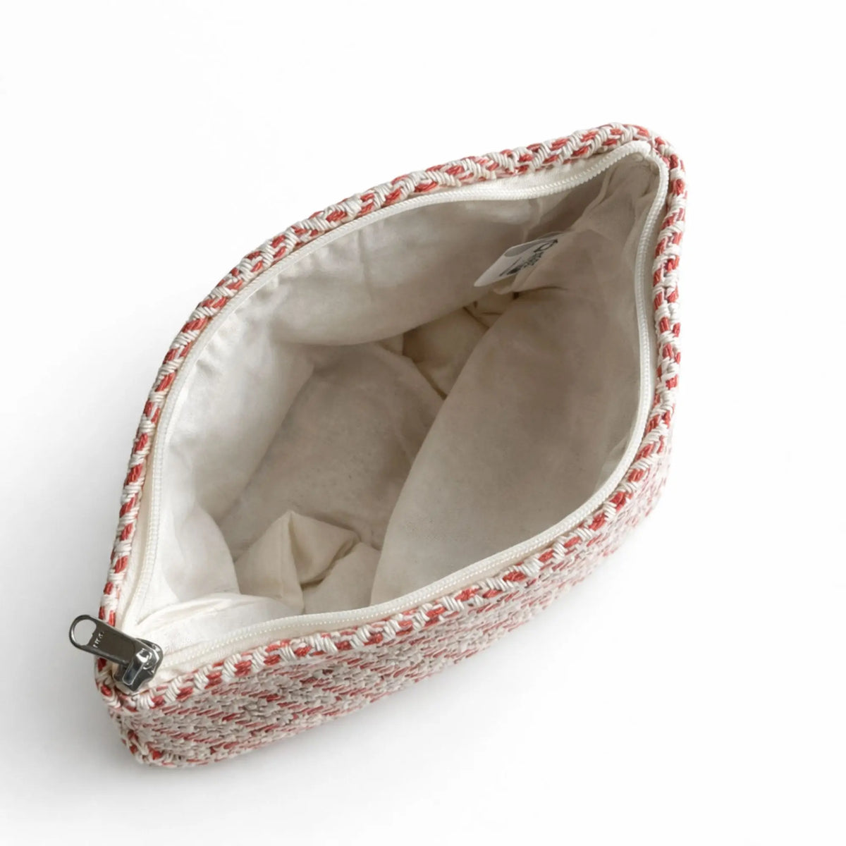Bolso de mano rojo y blanco de yute, forro de tela clara, estilo bohemio y moderno, ideal para makeup o accesorios.