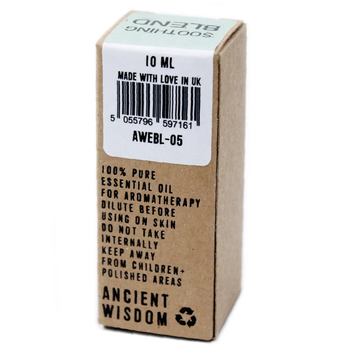 Caja de cartón kraft de 10ml para mezcla de aceites esenciales con texto negro e información en etiqueta blanca superior.