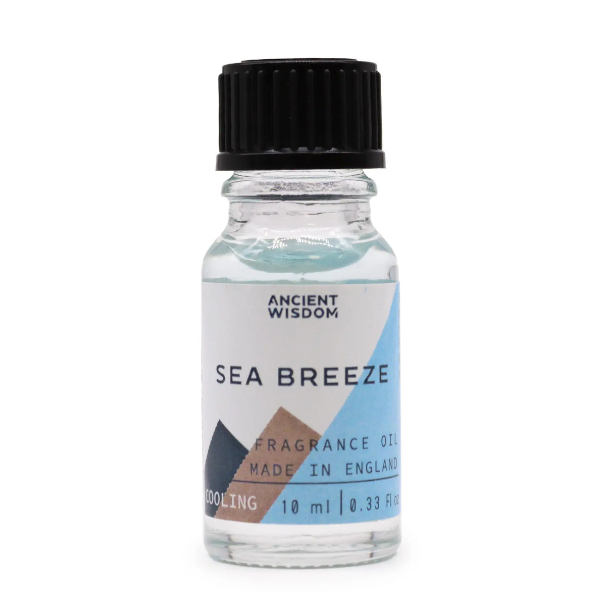 Frasco pequeño de vidrio transparente con aceite azul, tapa negra y etiqueta blanca con diseño geométrico y texto.