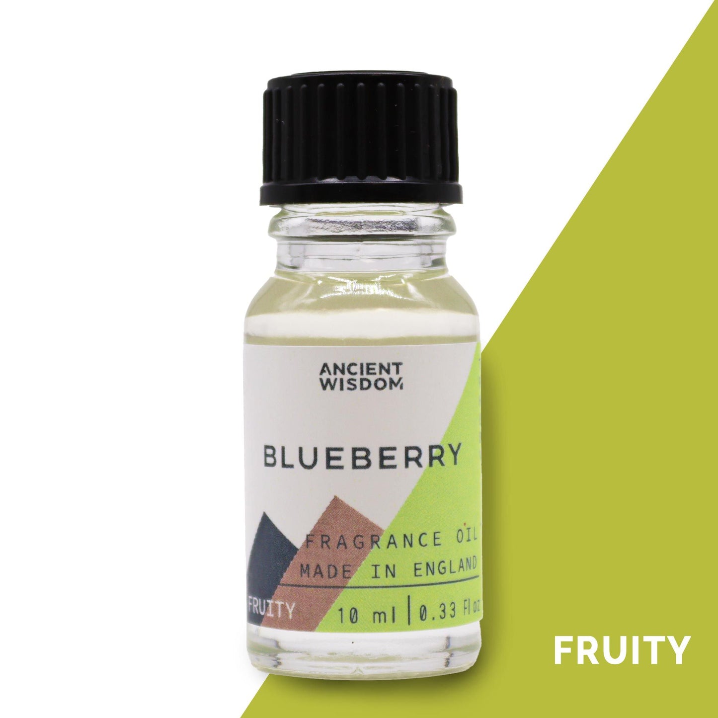 Frasco pequeño de vidrio transparente con aceite aromático de arándano, tapón negro y etiqueta geométrica de 10 ml.