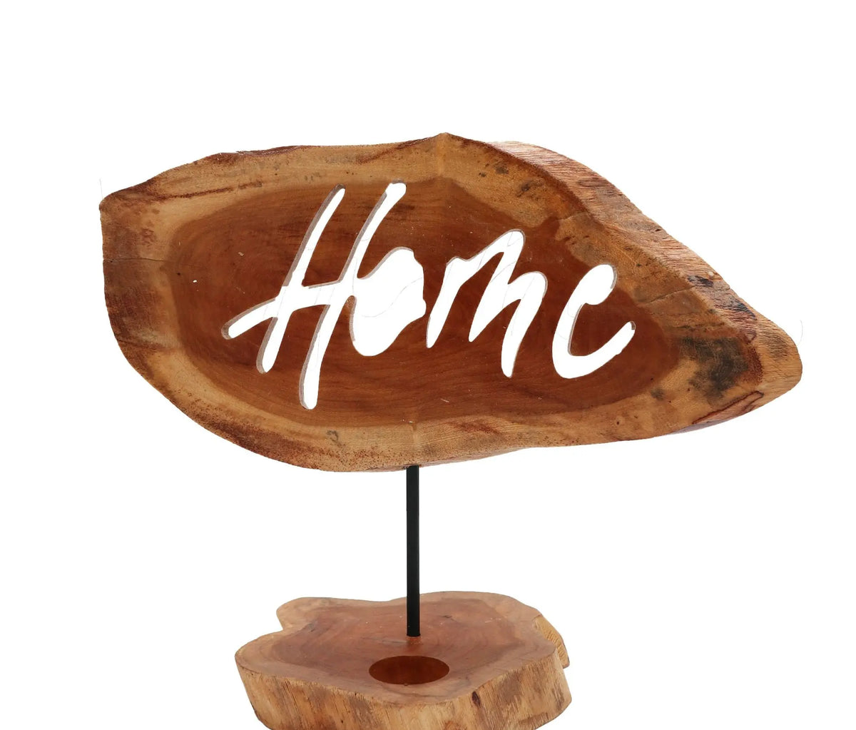 Portavelas de madera natural con panel recortado que dice "Home" sobre soporte de metal, aislado en fondo blanco.