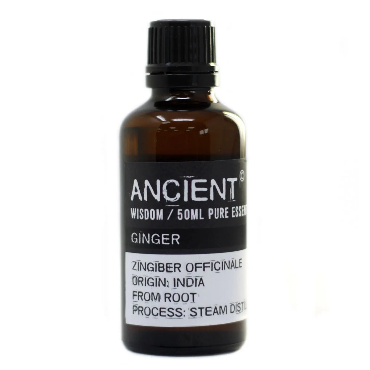 Frasco de vidrio ámbar de 50ml con tapón negro y etiqueta informativa sobre aceite esencial de jengibre puro