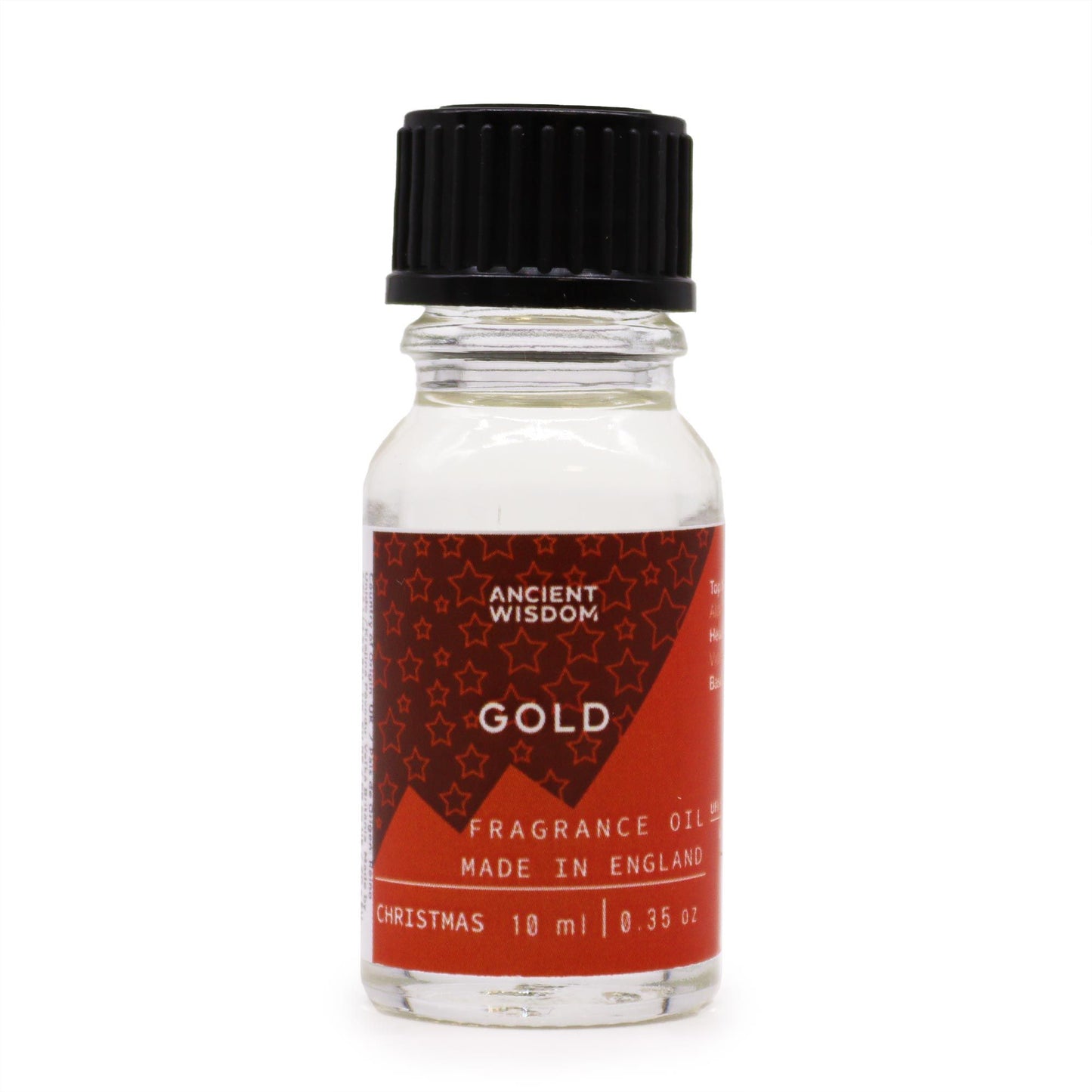 Frasco de vidrio de 10ml con tapa negra y etiqueta roja con estrellas, conteniendo aceite de fragancia aroma Oro.