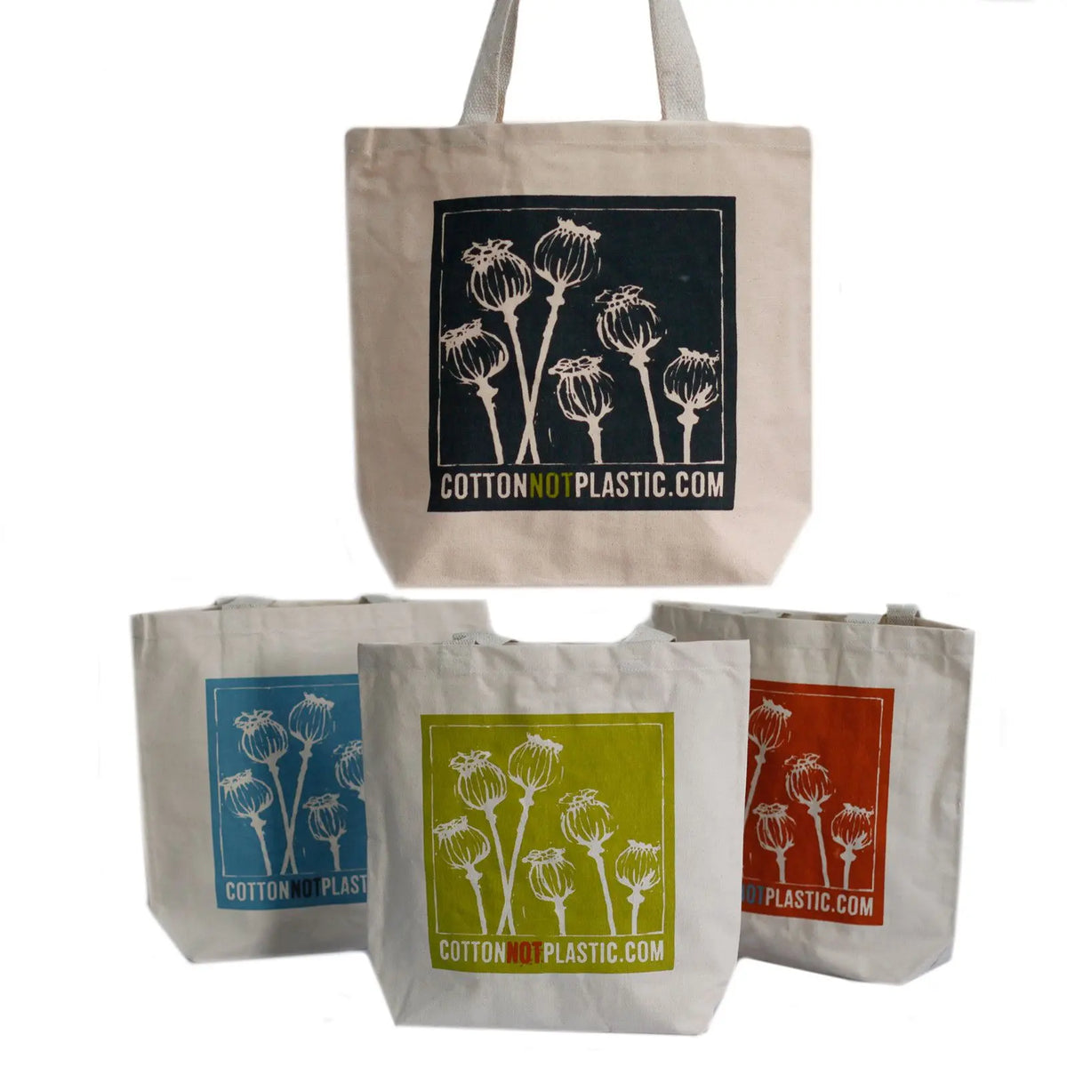 Bolsas de algodón beige con estampado de amapolas en cuatro colores: negro, azul, verde y rojo. Estilo ecológico.