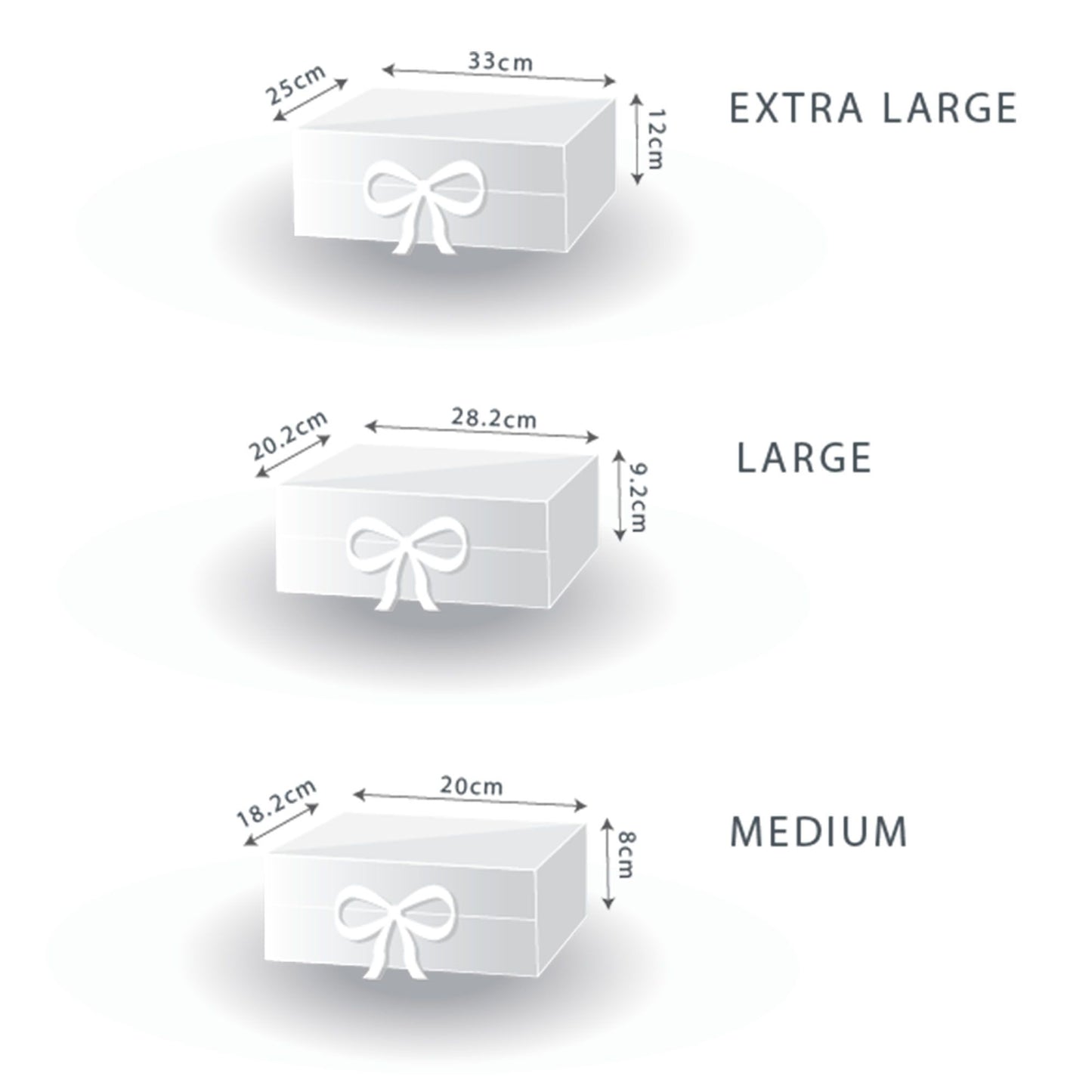 Esquema de tres cajas de regalo rectangulares con lazo, mostrando dimensiones para tamaños grande, mediano y pequeño.