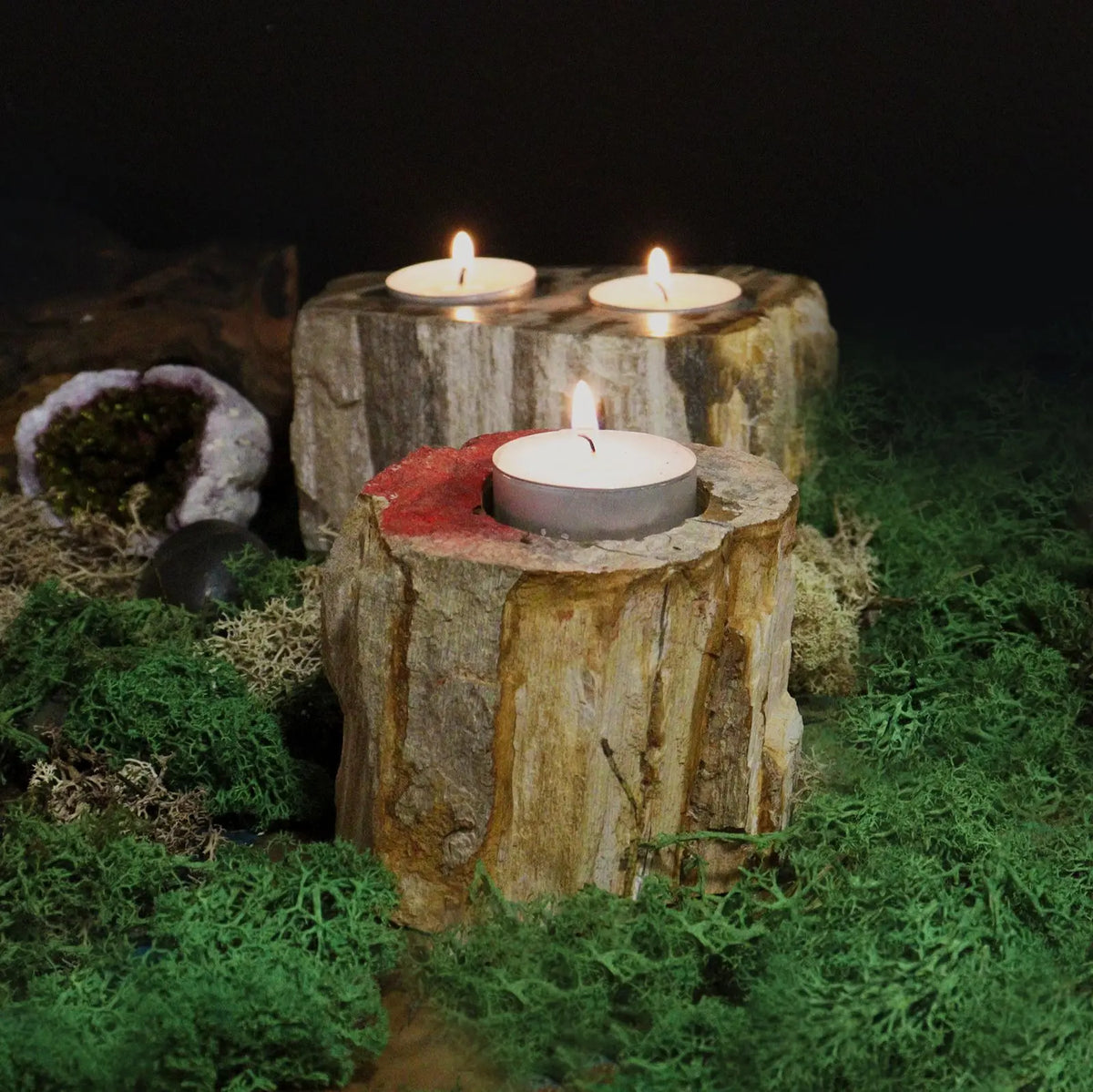Dos portavelas de madera petrificada con tonos tierra sobre musgo verde con velas encendidas en un entorno rústico