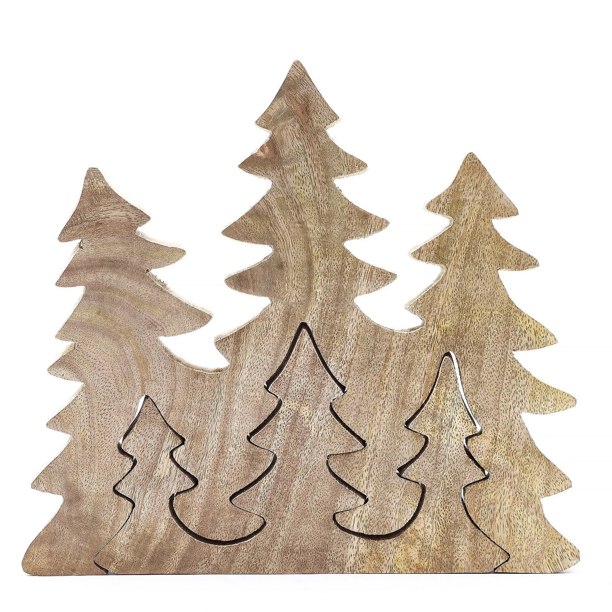 Adorno de madera en forma de árboles de pino, en tonos marrones, ideal para decoración navideña.