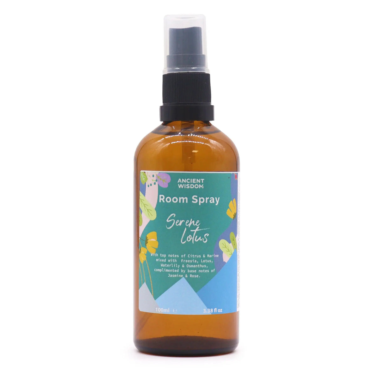 Spray ambientador de 100ml en botella de vidrio ámbar con atomizador negro y etiqueta ilustrada con flores y hojas.