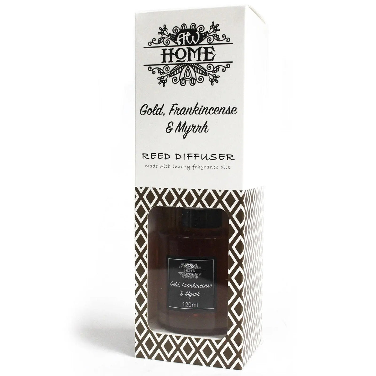 Caja rectangular blanca con patrón geométrico marrón que muestra un frasco de vidrio ámbar de difusor aromático 120ml.