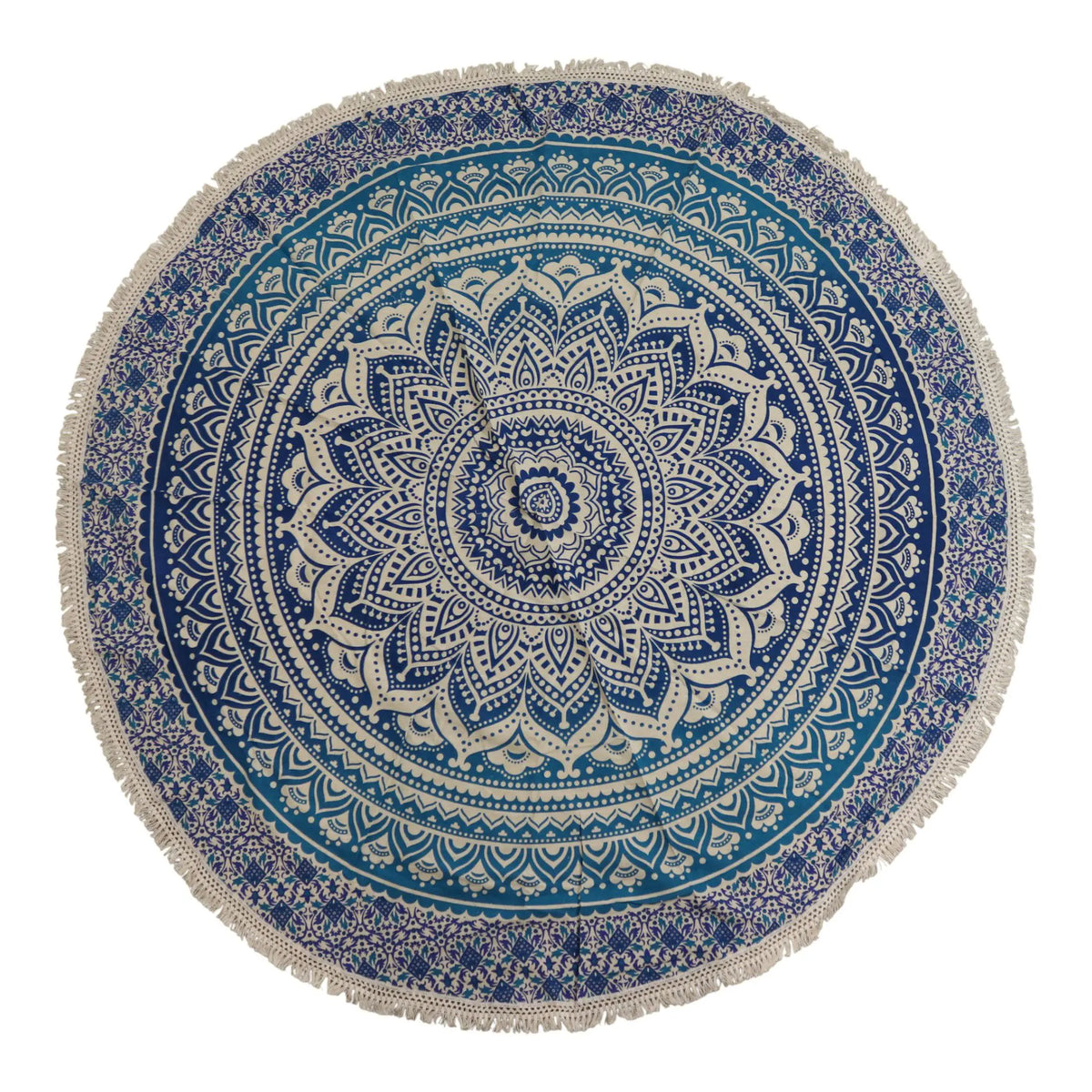 Tapiz circular de algodón con diseño de mandala en azul y blanco, decorado con flecos en el borde.