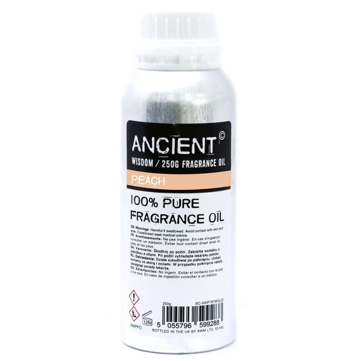 Botella cilíndrica de aluminio de 250g con etiqueta informativa, contiene aceite aromático de melocotón.