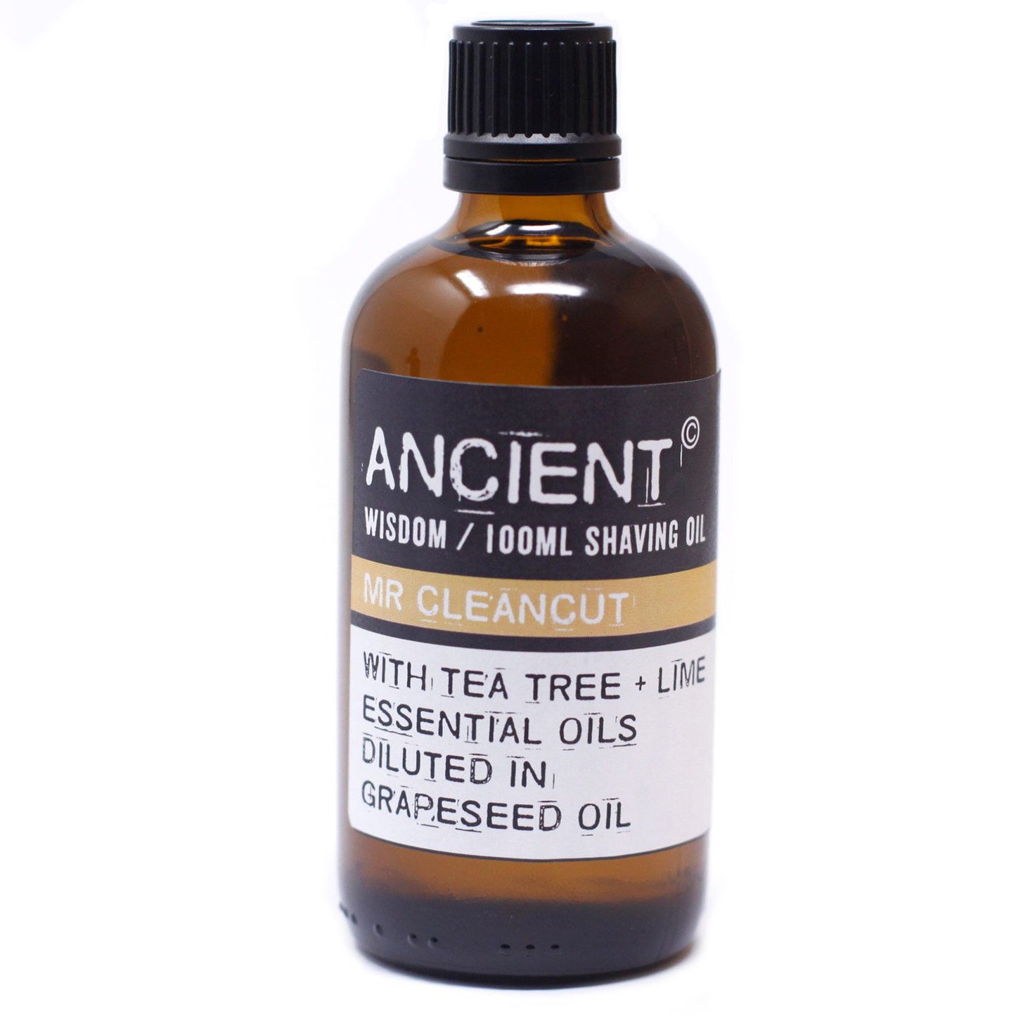 Frasco de vidrio ámbar de 100 ml con tapa negra y etiqueta blanca descriptiva sobre aceites esenciales para masaje.
