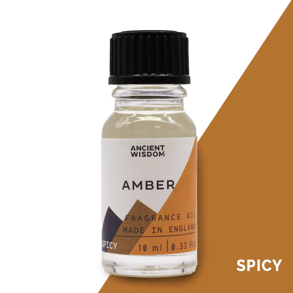 Frasco de vidrio de 10ml con aceite aromático de ámbar, tapa negra y etiqueta con motivos geométricos color tierra.